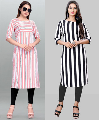 maruti fab Women Striped, Printed A-line Kurta(White)