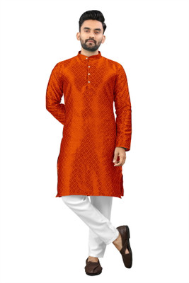 Shree Dutt Creation Men Self Design Straight Kurta(Orange)