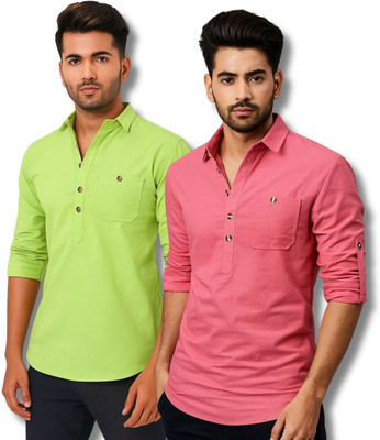 VIMASUTI Men Solid Straight Kurta(Light Green, Pink)