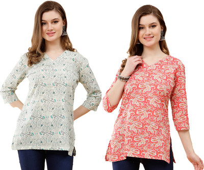 Datalact Women Printed A-line Kurta(Pink, Light Green)