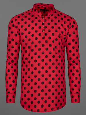 french crown Men Polka Print Straight Kurta(Red)