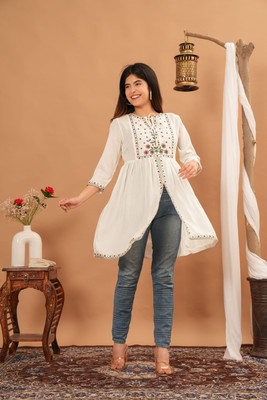 nagma Women Embroidered A-line Kurta(White)