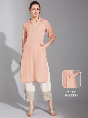 Life With Pockets Women Embellished, Solid Straight Kurta(Pink)