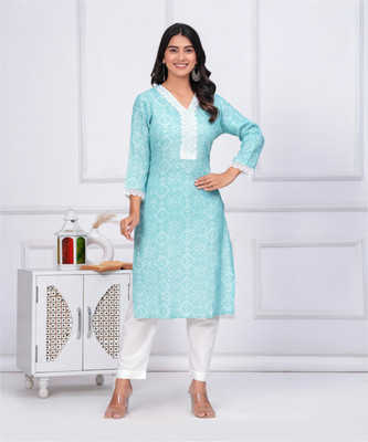 Fabitude Women Printed Straight Kurta(Light Blue)