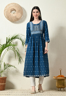 Anmi Printed Women A-line Kurta(Blue)