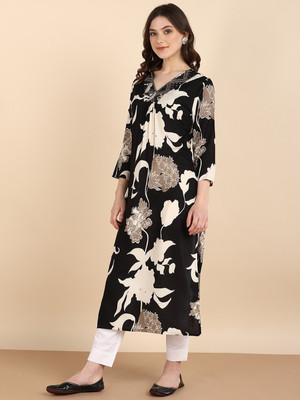 PinkTribe Women Printed Straight Kurta(Black)