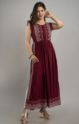 Demirner Women Printed A-line Kurta(Maroon)