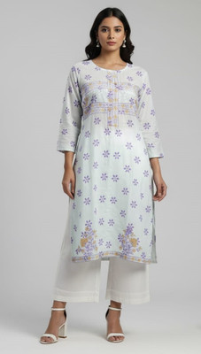 sofiacollection Women Floral Print, Embroidered Straight Kurta(White)