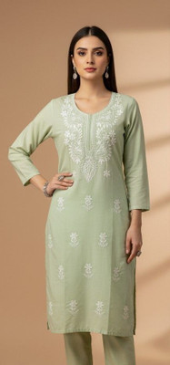 VELORA Women Embroidered A-line Kurta(Light Green)