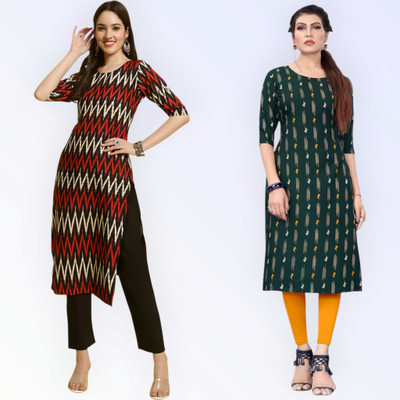 KAUTAQI Women Printed Straight Kurta(Multicolor)