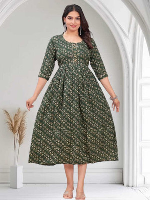 HOUSE OFF COMMON Women Printed Anarkali Kurta(Green)