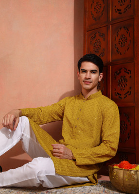 SWAGG INDIA Men Chikan Embroidery A-line Kurta(Yellow)