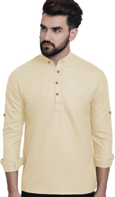 indirae Men Solid A-line Kurta(Beige)