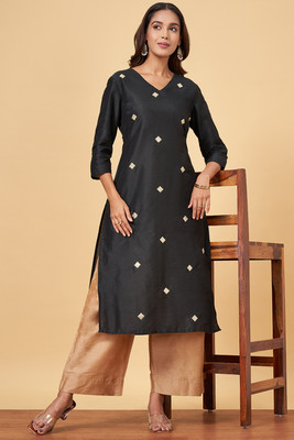 YU by Pantaloons Women Solid Straight Kurta(Black)