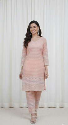 Flora & fauna creations Women Embroidered, Chikan Embroidery Straight Kurta(Pink)