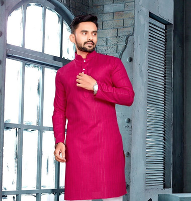 Tezys Men Striped, Self Design Straight Kurta(Pink)