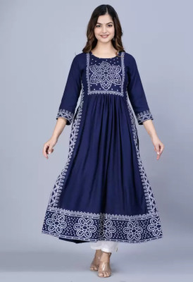 Anmi Printed Women A-line Kurta(Dark Blue)