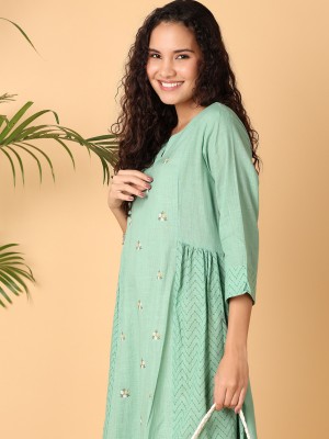 UNLIMITED Women Embroidered A-line Kurta(Green)