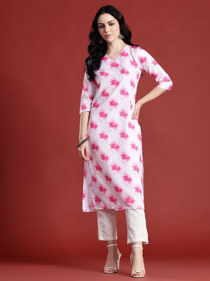 ANOUK Women Floral Print Straight Kurta(Pink)