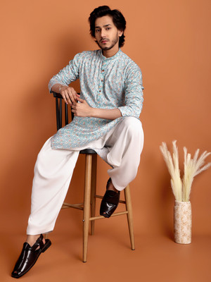 TIBRA Men Embroidered Straight Kurta(Blue)