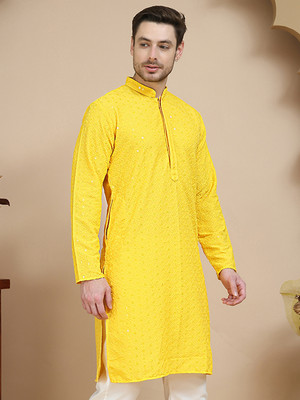 Jompers Men Embroidered Straight Kurta(Yellow)