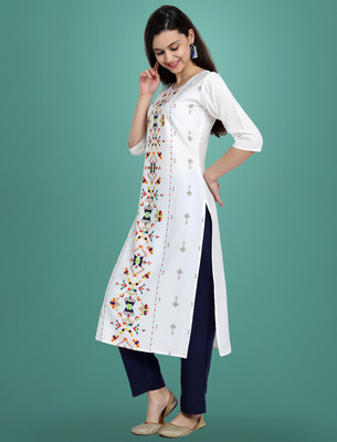 1 Stop Fashion Women Printed Straight Kurta(White)