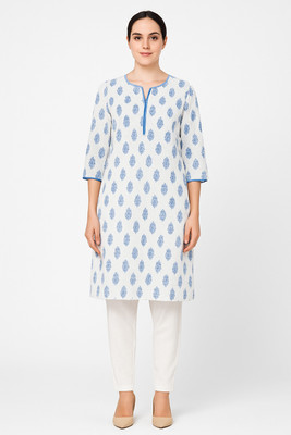 Cloth Stories Women Printed, Floral Print Straight Kurta(White, Blue)