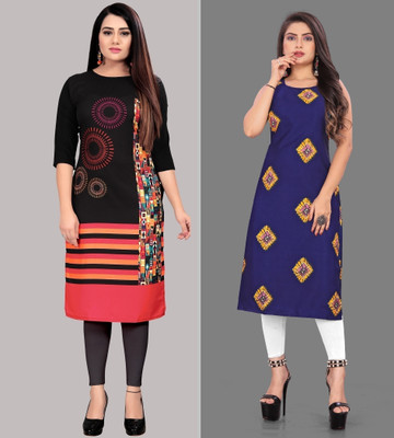 HouseOfCommon Women Printed High Low Kurta(Black, Blue)