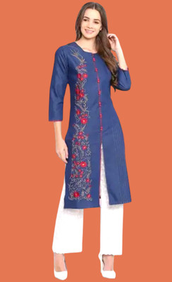 Kaykay Studio Women Embroidered Straight Kurta(Blue, Red)
