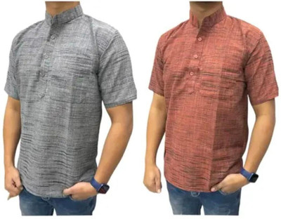 COTTONFEB Men Self Design Straight Kurta(Grey, Brown)