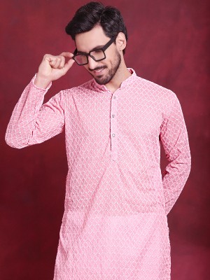 Jompers Men Embroidered Straight Kurta(Pink, White)