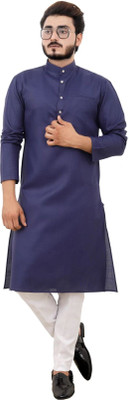 FREYA CREATION Men Solid Straight Kurta(Dark Blue)