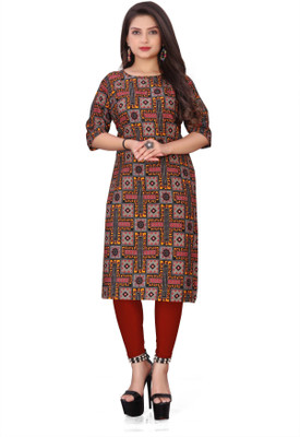 zindora Women Printed Straight Kurta(Grey)
