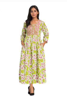 ALPINE STYLE Women Floral Print Anarkali Kurta(Light Green)