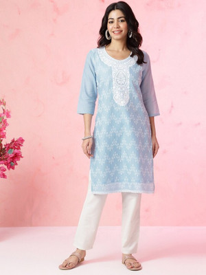 ANOUK Women Embroidered Straight Kurta(Blue)