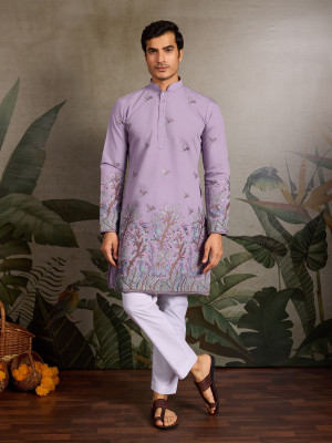 odette Men Embroidered Straight Kurta(Purple)