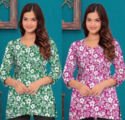 UMAR CLOTHING Women Floral Print, Printed Straight Kurta(Green, Pink)
