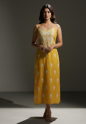 PehnaVastra Fabriks Women Embroidered, Chikan Embroidery Straight Kurta(Yellow)