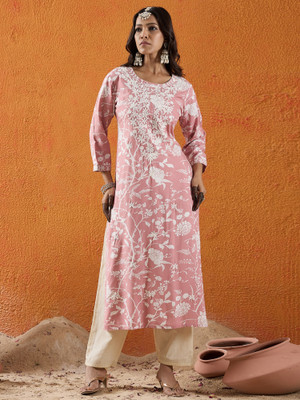 Indo Era Women Embroidered Straight Kurta(Pink)