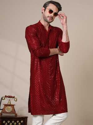 ADHIRAJAN Men Chikan Embroidery Straight Kurta(Maroon)