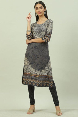 BIBA Women Printed A-line Kurta(Black)