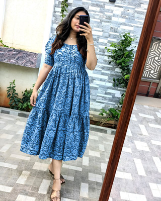 Sangawat Women Printed Anarkali Kurta(Blue)