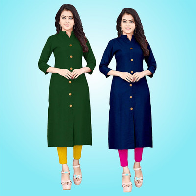 wini krafts Women Self Design A-line Kurta(Dark Green, Dark Blue)
