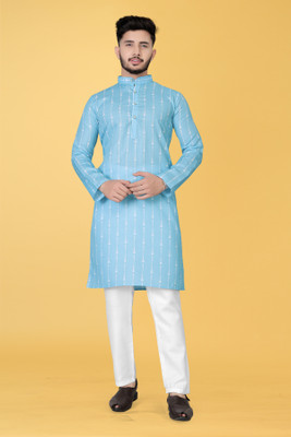 FRELURO Men Printed Straight Kurta(Blue)