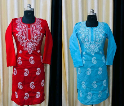 St Khalil Chikankari Women Chikan Embroidery Straight Kurta(Red, Blue)