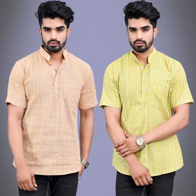 QuaClo Men Striped Straight Kurta(Light Green, Beige)