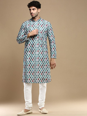 ANOUK Men Geometric Print Straight Kurta(Green)
