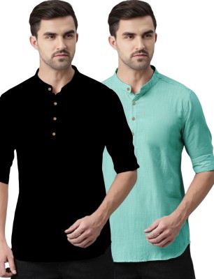 Vida Loca Men Solid Straight Kurta(Black, Green)