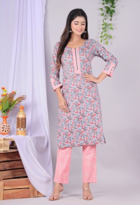 MOAJAZA Women Floral Print Straight Kurta(Grey)