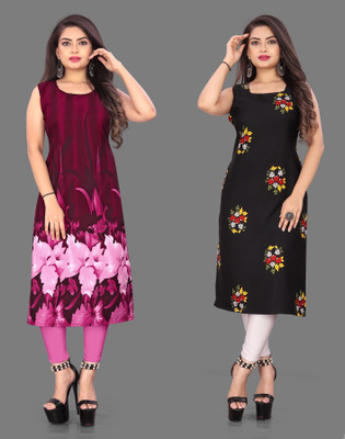 Modli 20 Fashion Women Floral Print Straight Kurta(Pink, Black)